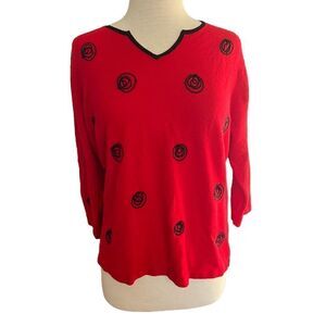 Cathy Daniels Size XL Red Black Knit Pullover V-Neck Sweater Floral Long Sleeve